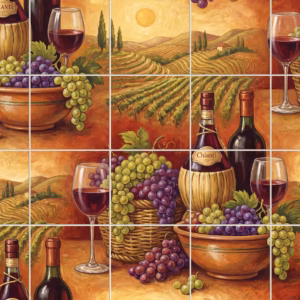 A painted tile mural of a Tuscan vineyard with Chianti wine and grapes.