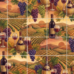 A repeating tile mural of a Tuscan vineyard with red wine and grapes.
