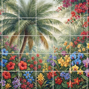 A painted mural of a palm tree in a tropical jungle with colourful flowers.