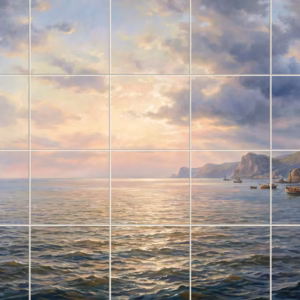 A tiled mural of a classical painting showing a coastal scene with boats.