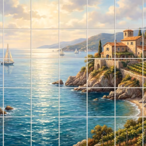 Tile mural painting of a rustic Italian villa on a cliff overlooking the sea.