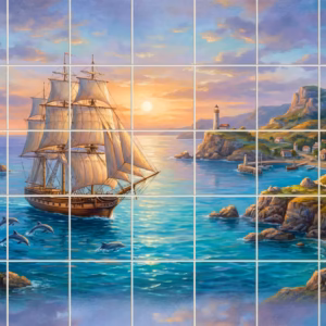 A painted mural of a tall ship and dolphins at sea near a lighthouse.
