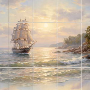 A classical painting of a tall sailing ship on the ocean at sunrise.