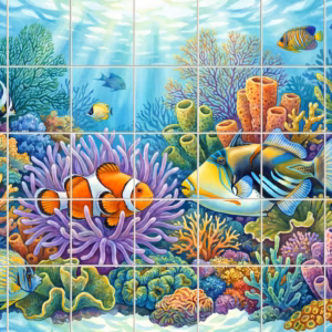 An illustrative tile mural of a colourful coral reef with various tropical fish.
