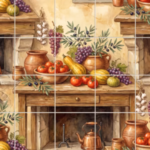 Into the Fire tile mural: watercolour mural of a rustic kitchen scene with tomatoes, grapes, and a kettle.