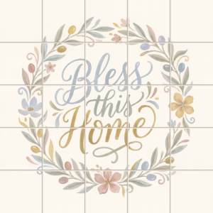 A tile mural with the words 'Bless this Home' in a floral wreath.