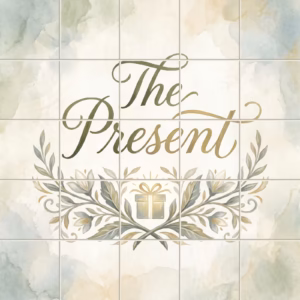 Watercolour tile mural of 'The Present' text over a botanical wreath with a gift.
