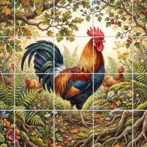 A watercolour-style tile mural of a rooster and hens in a forest clearing.