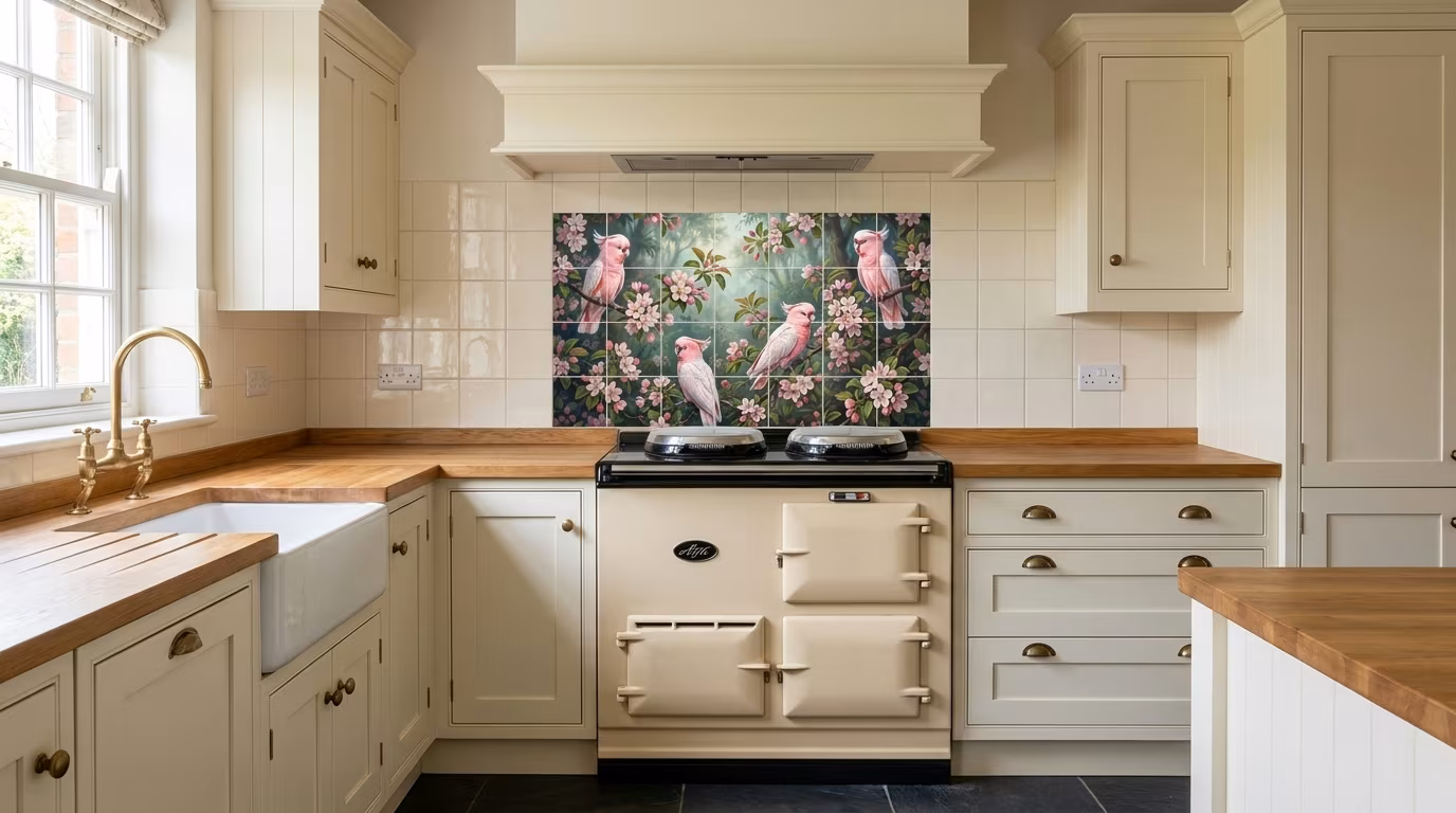 Cockatoos and Apple Blossoms splashback tile mural