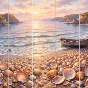 A painted mural of a tranquil beach cove at sunset with seashells and boats.
