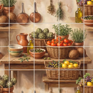 Coconut tile mural: a painterly still life of a rustic kitchen with fresh Mediterranean produce.
