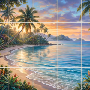 A painted mural of a tropical beach with palm trees at sunset.