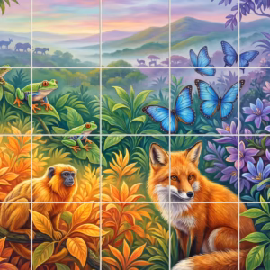Colourful jungle mural with a fox, parrot, monkeys, frogs, and butterflies.