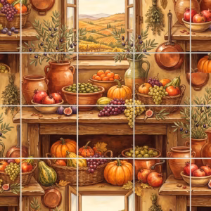 A painted mural of a rustic kitchen harvest with pumpkins, grapes, and olives.