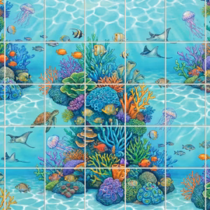A colourful illustrative tile mural of a coral reef with a turtle, fish, and rays.