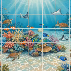 An illustrated underwater scene on a tile mural with turtles, rays, and fish.