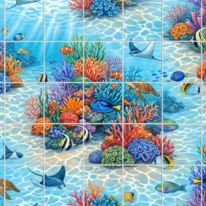 A colourful illustrated tile mural of a coral reef with fish, turtles, and rays.