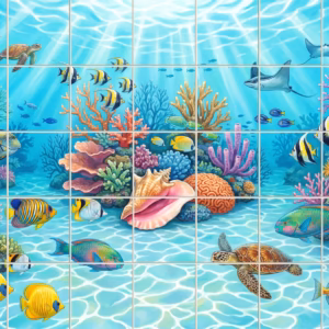 A painted underwater scene of a coral reef with turtles, fish, and rays.