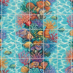 A colourful painterly tile mural of a coral reef with fish and anemones.