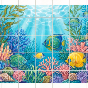 A colourful watercolour illustration of a tropical coral reef with fish and seaweed.