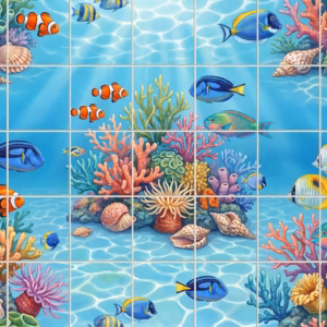 A colourful illustrative tile mural of a tropical coral reef with various fish.