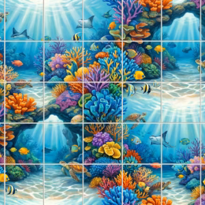 A colourful underwater coral reef mural with sea turtles, rays, and tropical fish.