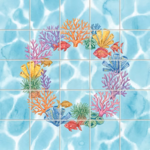 A watercolour tile mural depicting a colourful coral reef wreath with little fish.