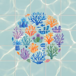 A circular arrangement of colourful coral and fish on a light blue tile mural.