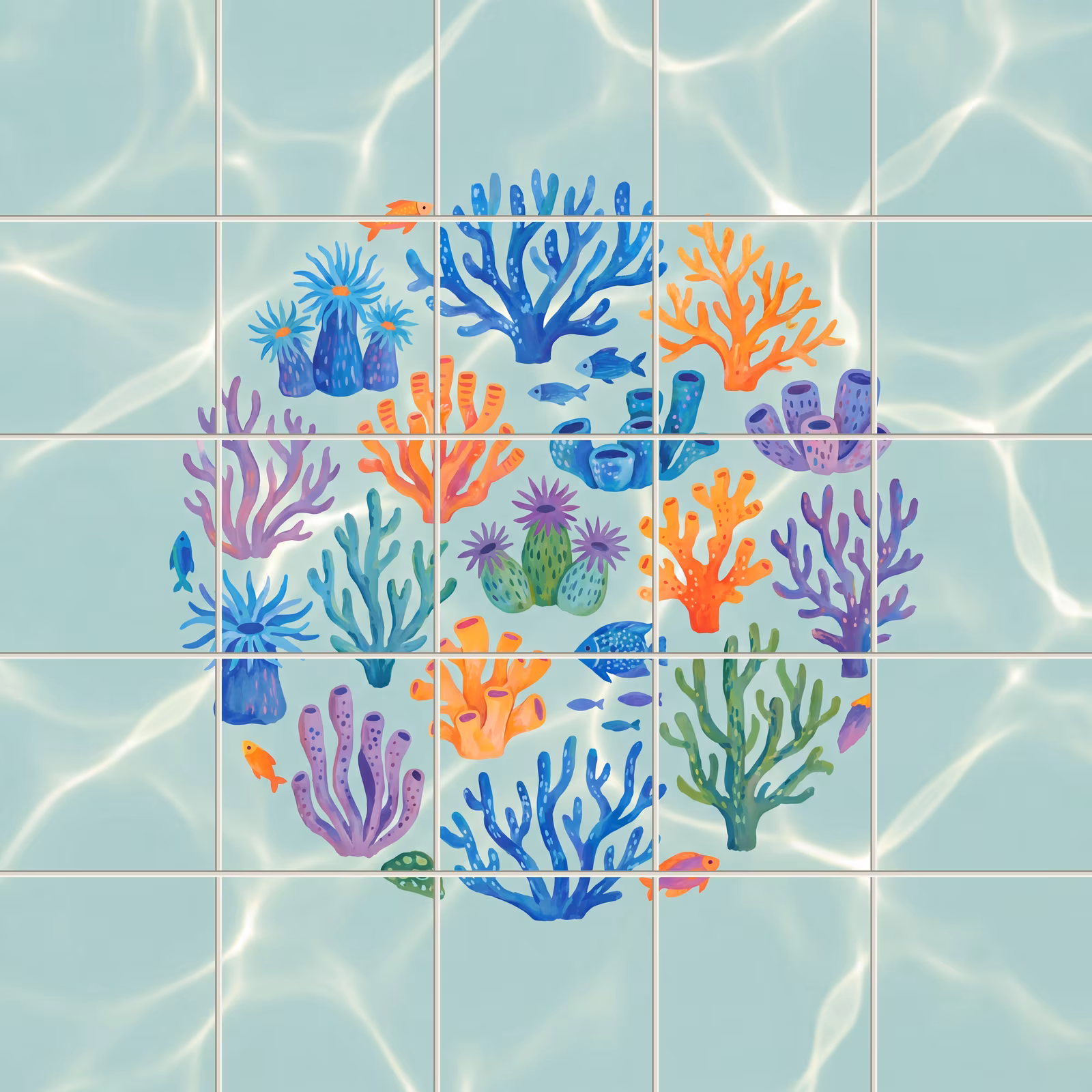 A circular arrangement of colourful coral and fish on a light blue tile mural.
