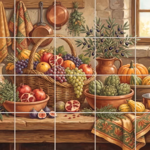 A painted still life of a harvest basket with fruit and vegetables.