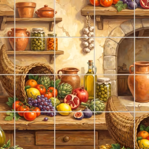 A painted still life of a rustic Mediterranean kitchen with cornucopias of fruit.