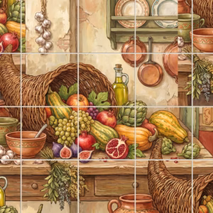 A painterly mural of a harvest cornucopia filled with fruit and vegetables in a rustic kitchen.