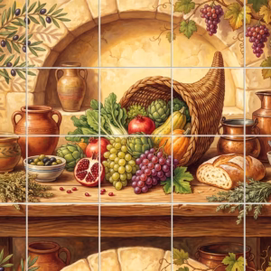 A painted still life of a harvest cornucopia on a rustic wooden table.