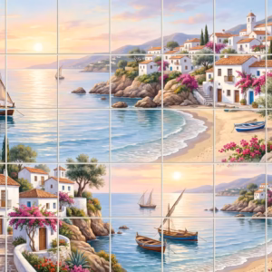 A painted scene of a Mediterranean village by the sea at sunset.