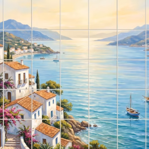 Painting of a Mediterranean coastal village with white houses overlooking a blue sea.