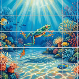 A painting of a green frog swimming underwater through a colourful coral reef.