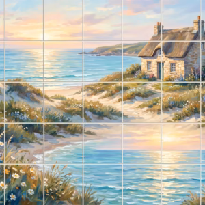 Cottage By The Sea tile mural: a painterly mural of a stone cottage on a dune overlooking the sea.