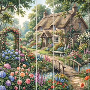 Watercolour mural of a stone cottage with a thatched roof in a blooming garden.