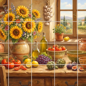A rustic still life painting of a Tuscan kitchen with sunflowers and produce.