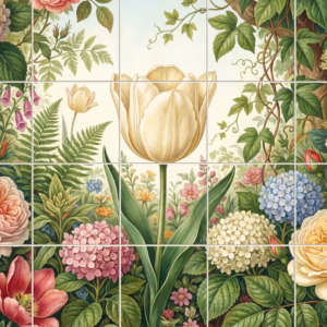 A classic floral tile mural of a cream tulip surrounded by garden flowers.