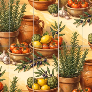 A painted tile mural of Mediterranean vegetables, fruits, and herbs in terracotta pots.