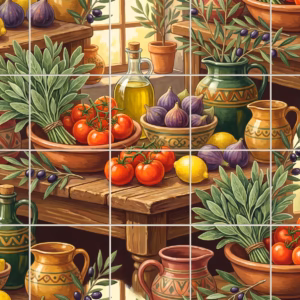 A tile mural of a Mediterranean still life with tomatoes, figs, and pottery.
