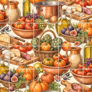 A tile mural of a rustic Mediterranean food pattern with vegetables, fruit, and cheese.