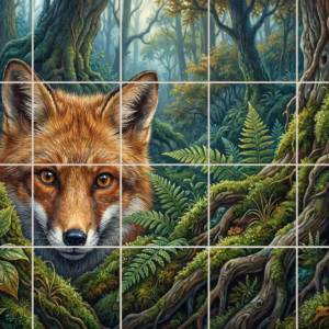 A red fox peeks through ferns and mossy tree roots in an enchanting forest.