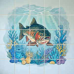An illustrative tile mural of a large trout swimming underwater among colourful sea plants.