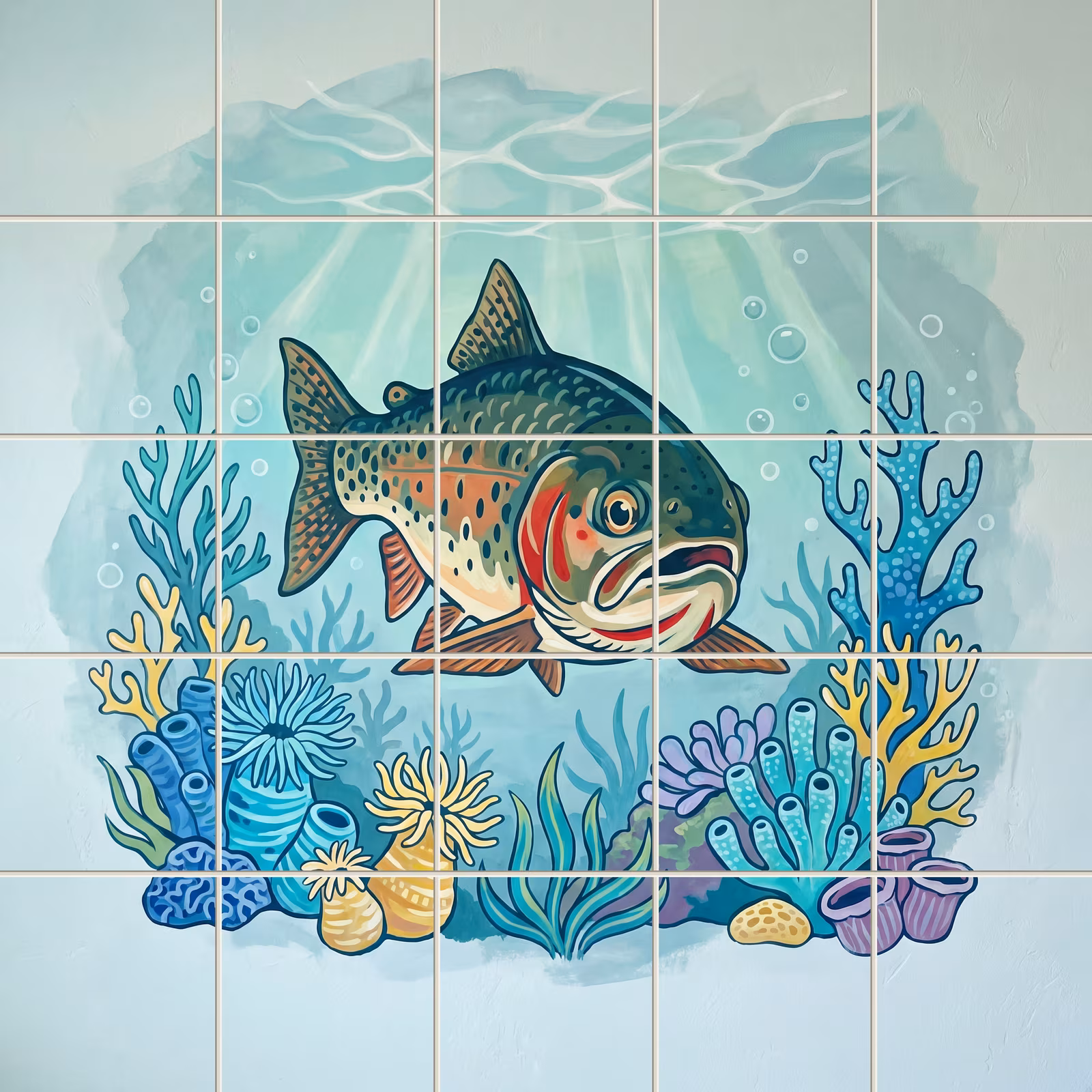 An illustrative tile mural of a large trout swimming underwater among colourful sea plants.