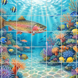 A tile mural of a large trout swimming in a colourful coral reef.