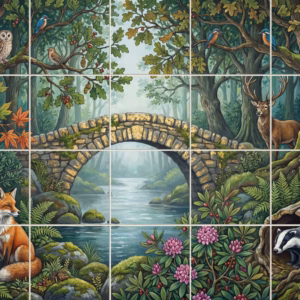 Gold Leaf Bridge tile mural: illustrated woodland scene with a stone bridge, river, fox, deer, and badger.