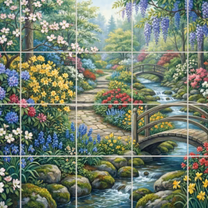 Maple Creek tile mural: a painted mural of a colourful garden with a stream and wooden bridges.