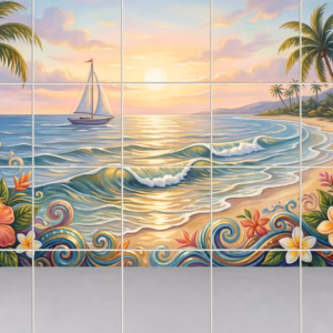 Ocean Paradise tile mural: tile mural of a tropical beach sunset with a sailboat, palm trees, and flowers.